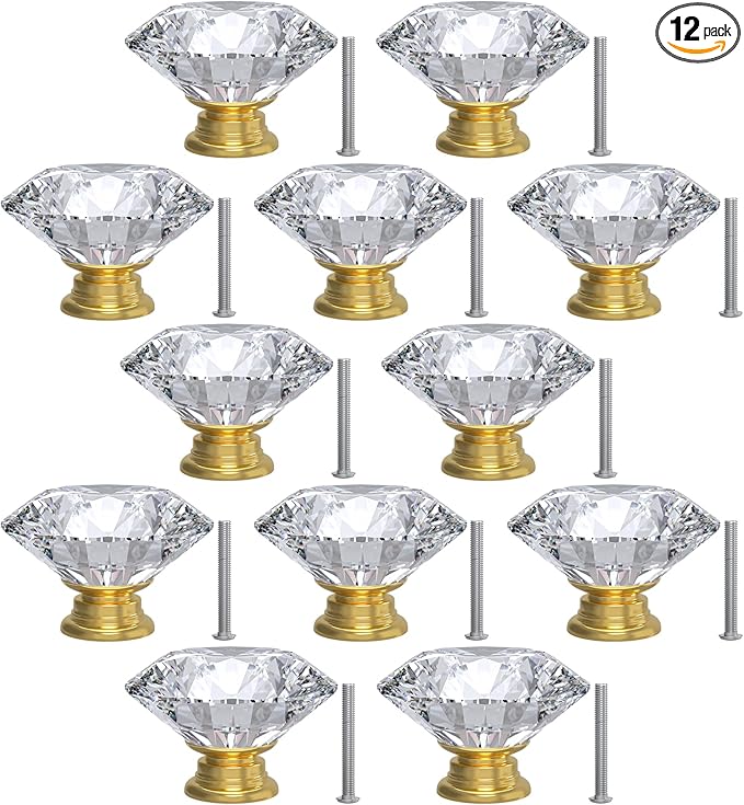 12-Pack Crystal Glass Cabinet Knobs for Home Decor, Vanity Drawers, Desks, Wardrobe Doors, Standard Screws Easy Installation for Home Refurbishment and Redecoration (Clear Crystal, 40mm, Gold Base)
