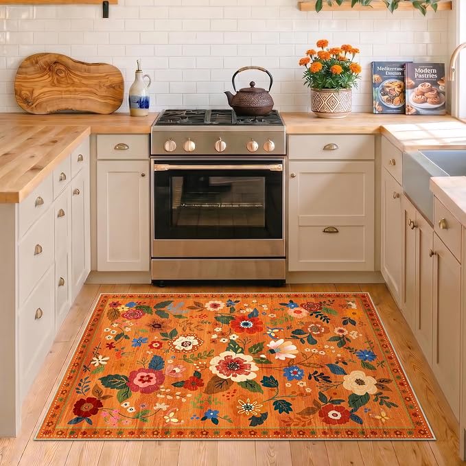 RELEANY Floral Washable 3x5 Area Rugs BurntOrange | Flower Carpet Print Boho - Image 6
