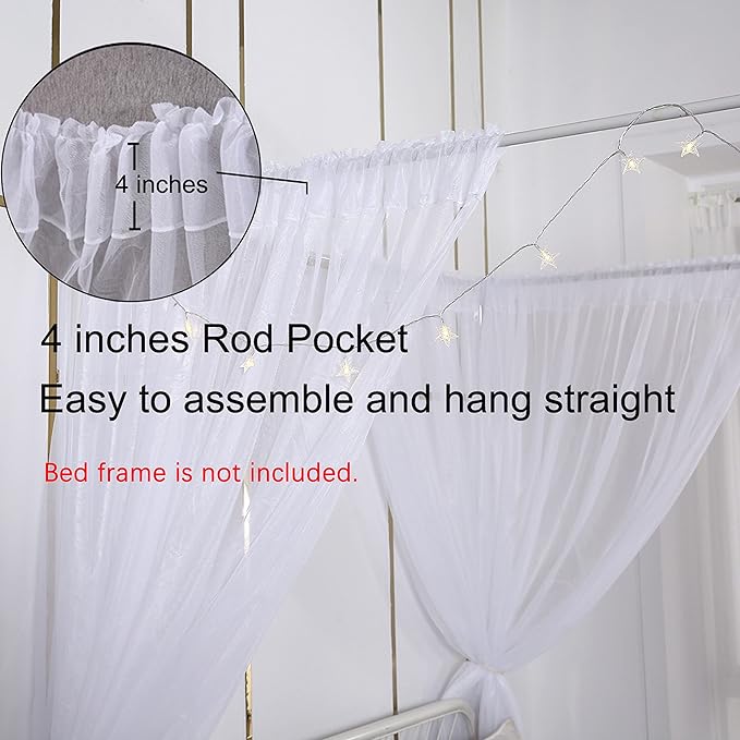 Akiky Princess Canopy Bed Curtains Set with Star Light Sheer Curtain for King Size Bed,8 Panels Canopies (King, White)