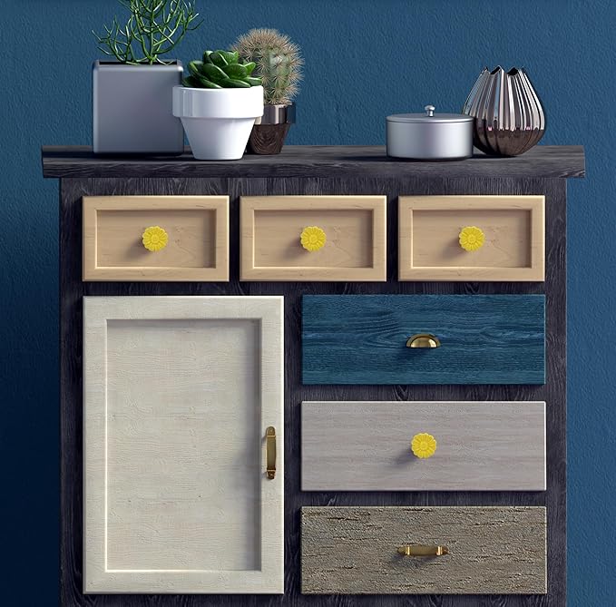 6PCS Vintage Floral Daisy Ceramic Dresser Drawer Knobs Elegant Cabinet Cupboard Door Hardware Pull Handles w/Screws Yellow