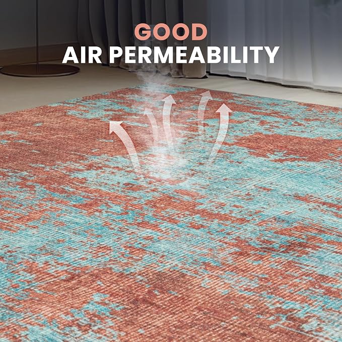 8x10 Washable Area Rugs for Living Room, Dining Room- Blue Red | Ultra Soft Low - Image 6