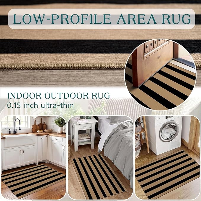 Front Door Mat Indoor Outside Entrance 2x3 Black Tan Striped Rug | Non-Slip - Image 6