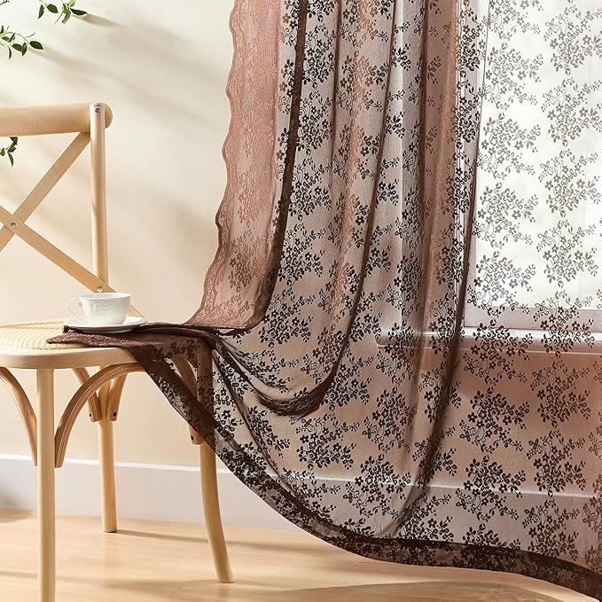 YJ YANJUN Vintage Lace Curtains 90 Inches Long-Victorian Floral Boho Brown - Image 2