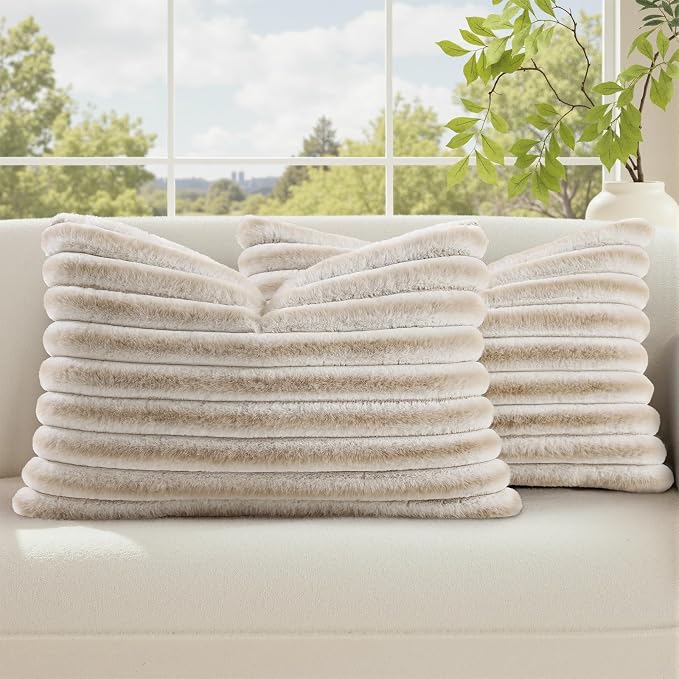decorUhome Fall Faux Fur Throw Pillow Covers 12x20 Set of 2 Beige White | by decorUhome