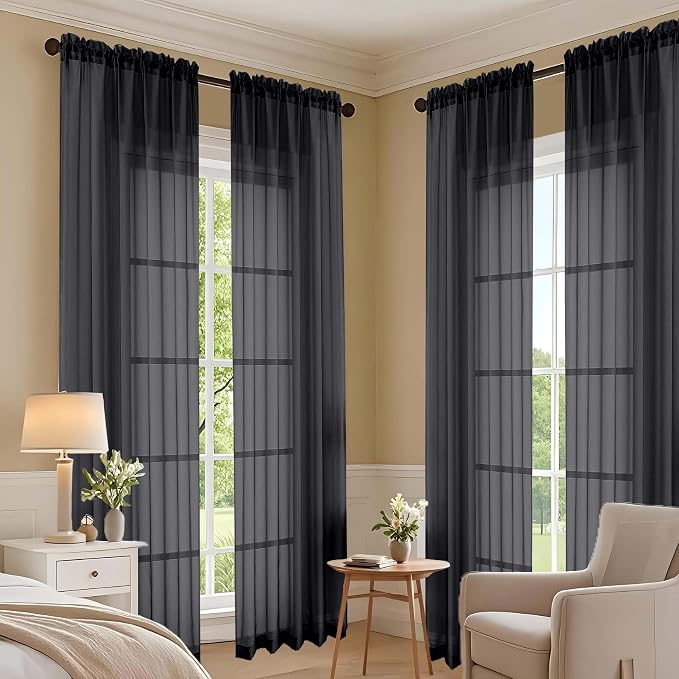 Black Sheer Curtains 84 Inches Long 2 Panels Set, Light Filtering Sheer Curtains - Image 7