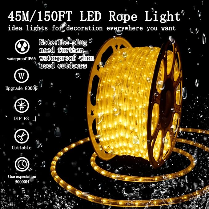 SURNIE 150FT LED Rope Lights Outdoor: Waterproof Flexible 110V 3000K Warm White LED String Light - Cuttable Connectable Clear Lighting Tube for Indoor Stairs Patio Garden Party Decor, Not Flat Strip