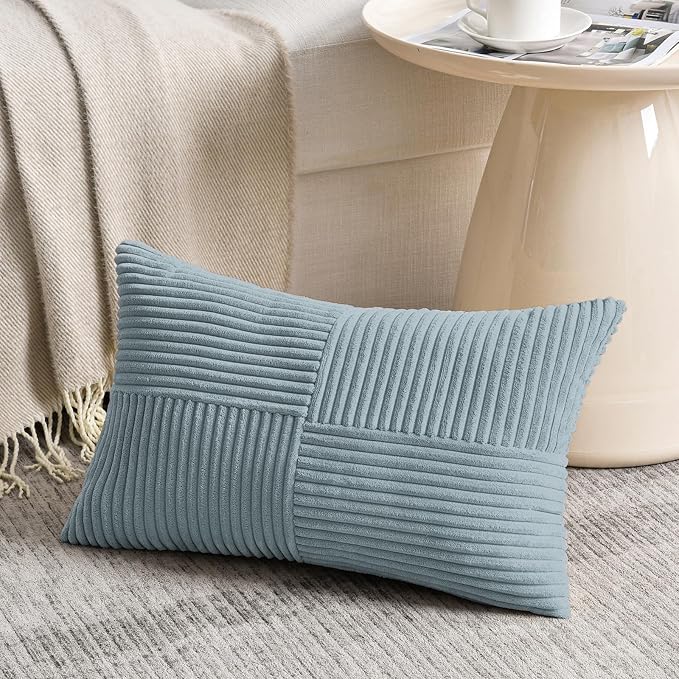 Fancy Homi Set of 2, Light Blue Patchwork Corduroy Decorative Soft Striped - Image 2