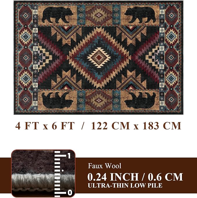 Rustic Cabin Area Rug 4x6, Machine Washable Lodge Bear Rug, Non-Slip Low Pile - Image 2