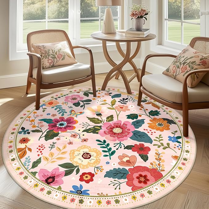 RELEANY Floral Washable Round 4ft Area Rug Pink | Flower Carpet Print Boho Cute - Image 8