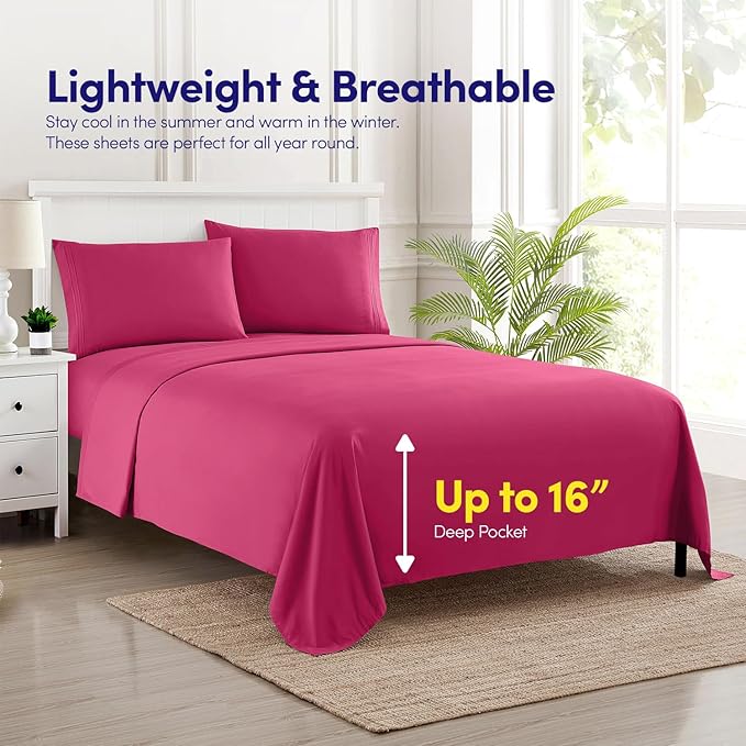 Sweet Home Collection King Size Sheet Set with Built-in Sheet Straps - Deep Pocket Fitted Sheet, Flat Sheet & Pillowcases - Soft, Wrinkle-Free, Secure Fit - Fuschia