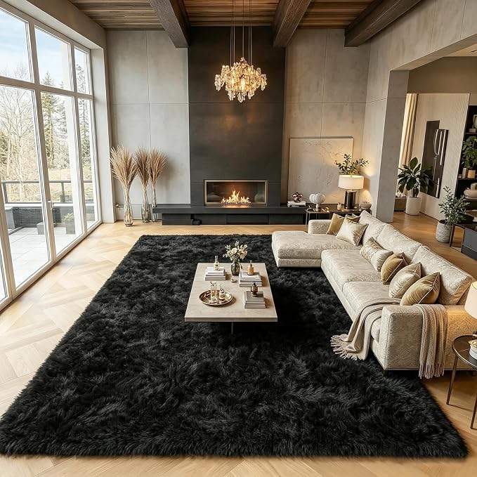 Black Area Rugs 9x12 Living Room, Large Fluffy Shag Bedroom Rug, Soft Plush by ONASAR