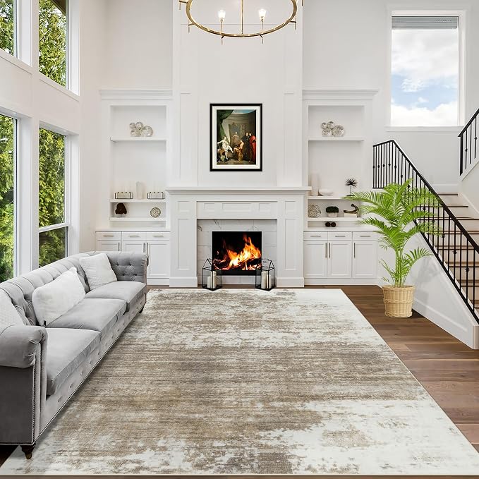 9x12 Area Rugs for Living Room: Washable Abstract Brown White Carpet | Non-slip by GENTDRIZZ