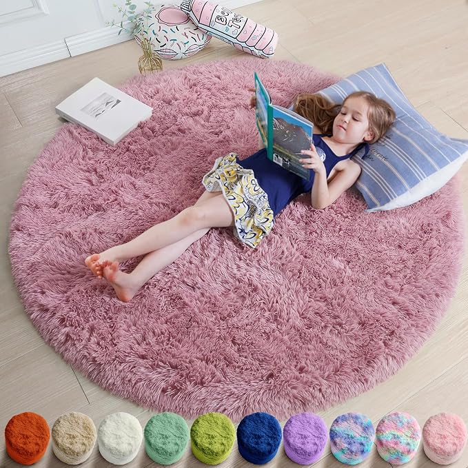 Amdrebio Mauve Pink Round Fluffy Rug 4Ft by Amdrebio