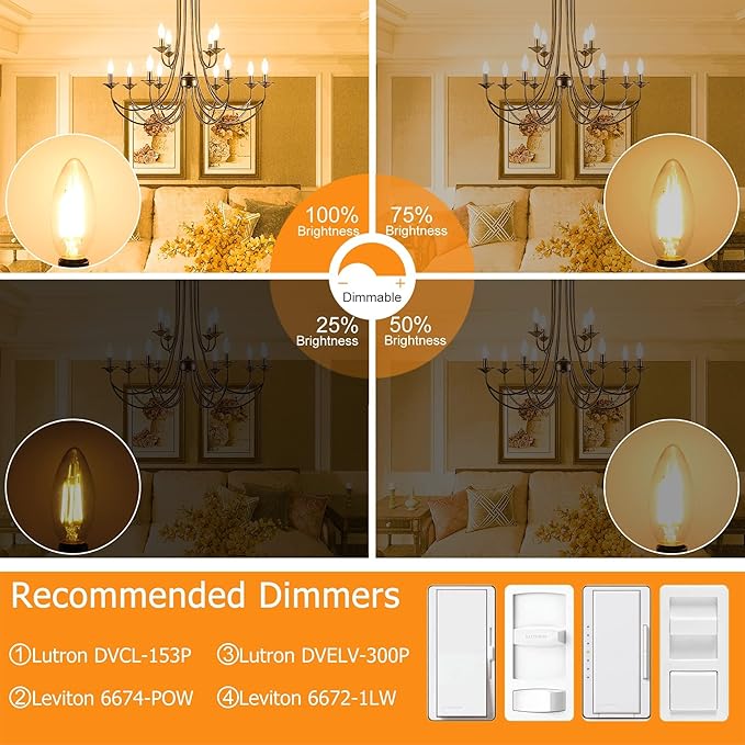 Cotanic E12 Base 3000K LED Light Bulbs Dimmable, Soft White Candelabra LED Bulbs 60W Equivalent, Candle Shape Type B Light Bulbs for Chandelier, Decorative LED Filament Clear Glass, 600LM, 6 Pack