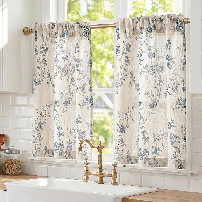 Blue on Beige Linen Kitchen Curtains Rod Pocket 26W X 36L 2 Panels | Elisa by Lazzzy