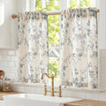Blue on Beige Linen Kitchen Curtains Rod Pocket 26W X 36L 2 Panels | Elisa by Lazzzy