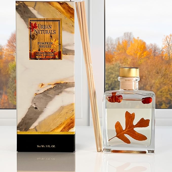 Urban Naturals Pumpkin Brulee Scented Sticks Reed Diffuser Oil Set – Fall Pumpkin Pie, Nutmeg & French Vanilla – Sleek Rectangular Refillable Glass Bottle – Made in The USA