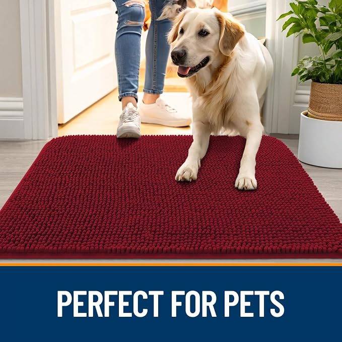 OLANLY Dog Door Mat for Muddy Paws 54x24, Super Absorbent Chenille Mud Mat | Red - Image 6