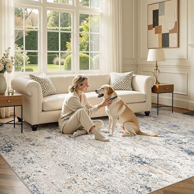 DMOYEST Area Rug Living Room Rugs 7x9 Washable Abstract Beige Blue Carpet | - Image 7
