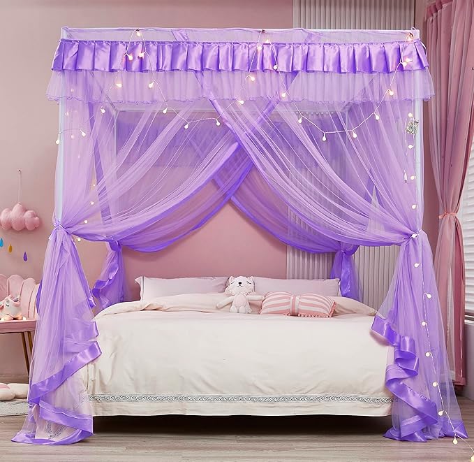Mengersi Bed Canopy for Girls,Canopy Bed Curtains Canopy for Bed Drapes,Princess Bed Curtains Birthday Present Girls Room Decor,Purple