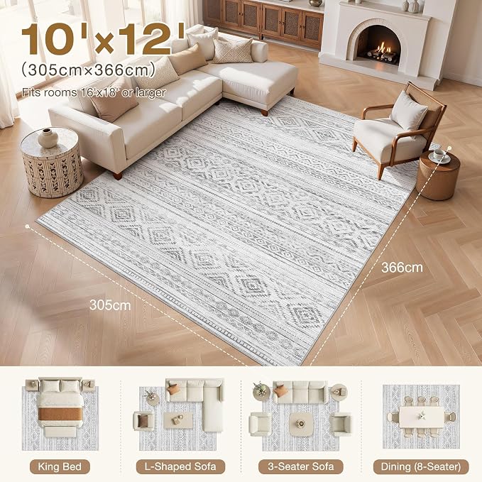 cotiled Boho 10x12 Area Rug for Living Room: Large Moroccan Washable Rug | - Image 7