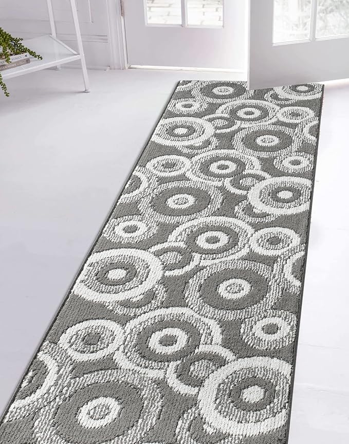Custom Length Cut to Size Retro Modern Geometric Carpet Runner Rug for Hallways, Non Slip Rubber Backed, 31 inch Wide X Customized Length, Geo Grey, 31 inch X 8 feet