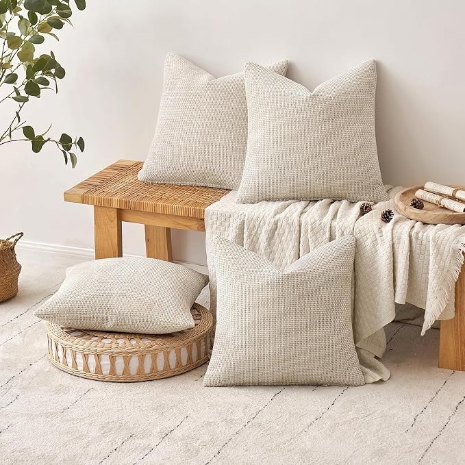 MIULEE Soft Decorative Chenille Euro Pillow Covers Cream 22x22 Pack of 4 | - Image 4