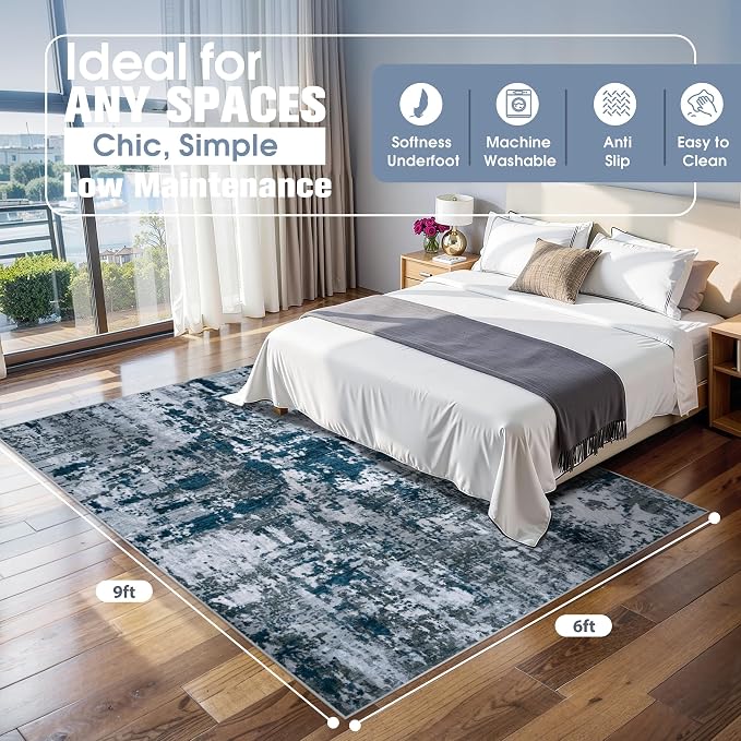 6x9 Area Rugs for Living Room Washable Bedroom Dining Room Navy Grey | Modern - Image 2
