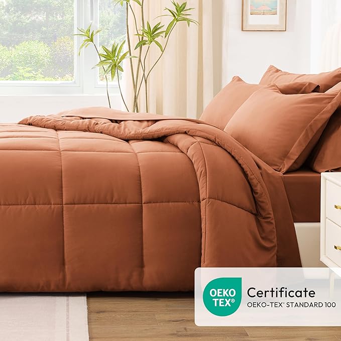 Love's cabin King Size Comforter Set Burnt Orange, 7 Pieces King Bed in a Bag, All Season Bedding Sets with 1 Comforter, 1 Flat Sheet, 1 Fitted Sheet, 2 Pillowcase and 2 Pillow Sham