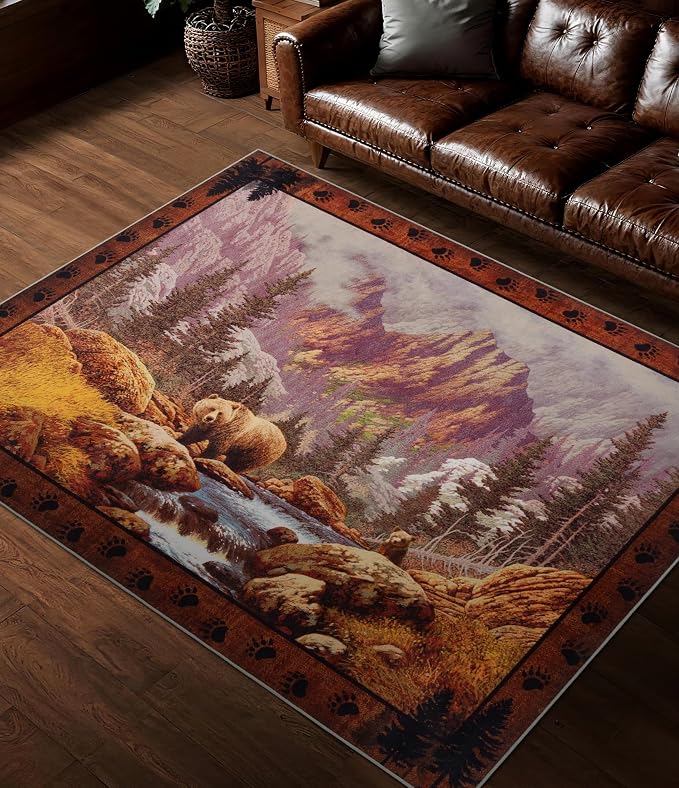 Rustic Cabin Area Rug for Bedroom 4x6, Machine Washable Forest Bear Rug by YIHOUSE