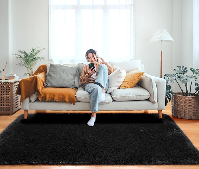 Black Area Rugs for Bedroom Living Room, Fluffy Fuzzy Shaggy 4x6 Bedside Rug - Image 7