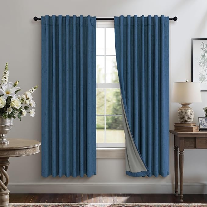Navy Blue Linen Textured Blackout Curtains 72 Inches Long by Pitalk