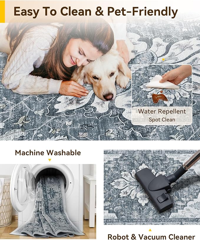 RELEANY Washable Area Rug, Water Repellent, Pet Friendly, Vintage Floral Boho - Image 3