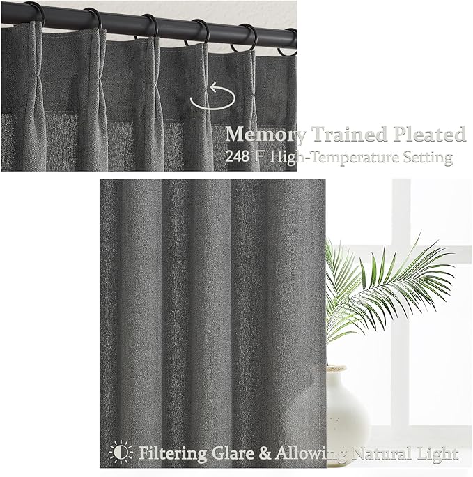Dark Gray Sheer 90 Inches Long Bedroom Curtains 2 Panels Set, Pinch Pleated - Image 4