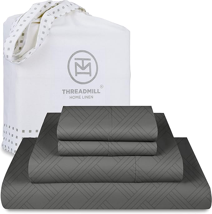 Threadmill Luxury 100% Cotton Full Bed-Sheets - 800 Thread Count Jacquard Celine Dark Grey, Better Than Egyptian Cotton,4 Pc Striped Bed Set, Damask Sheets with Elasticized Deep Pocket