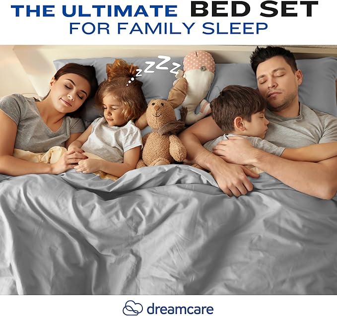 DREAMCARE California King Sheet Sets – 4 pcs Cooling Sheets – up to 21” Deep Cal King Sheets – Hotel Luxury Pillowcases – Superior Softness 100% Fine Microfiber with Side Pocket – Light Gray