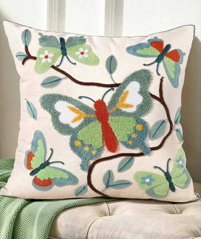 Embroidered Throw Pillow Cover 18x18 Inch, Branch Butterfly | Decorative Pillow by Kokaaee