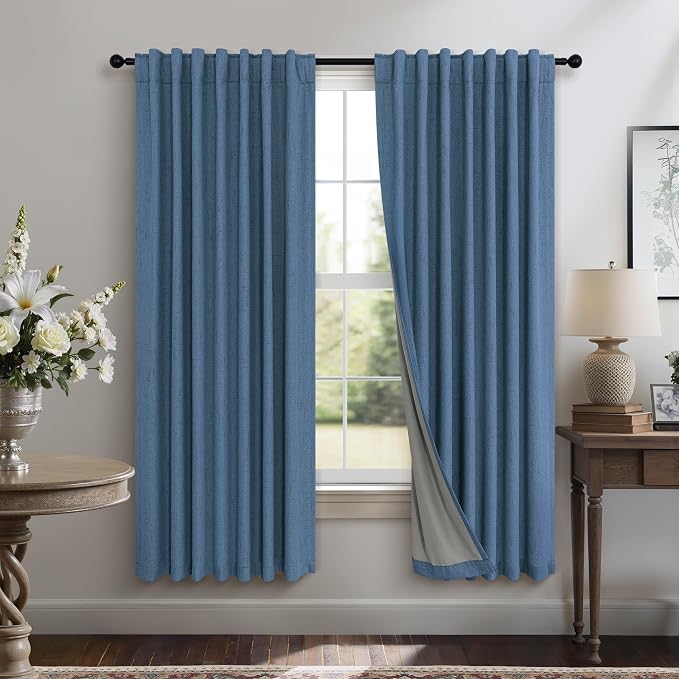 Denim Blue Living Room Darkening Curtains 72 Inches Long 2 Panels Set Faux by Pitalk
