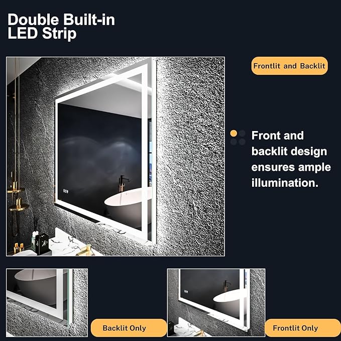 LED Bathroom Mirror 40"x 24",Front Lit and Backlit Bathroom Mirror with Lights,Stepless Dimmable,Anti-Fog, Shatter-Proof, Memory, 3 Colors Lighted Vanity Mirror (Horizontal/Vertical)