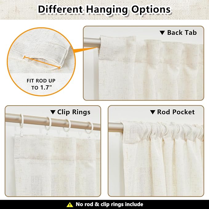 MYSKY HOME Linen Curtains for Living Room, Natural Semi Sheer Curtains & Drapes - Image 3