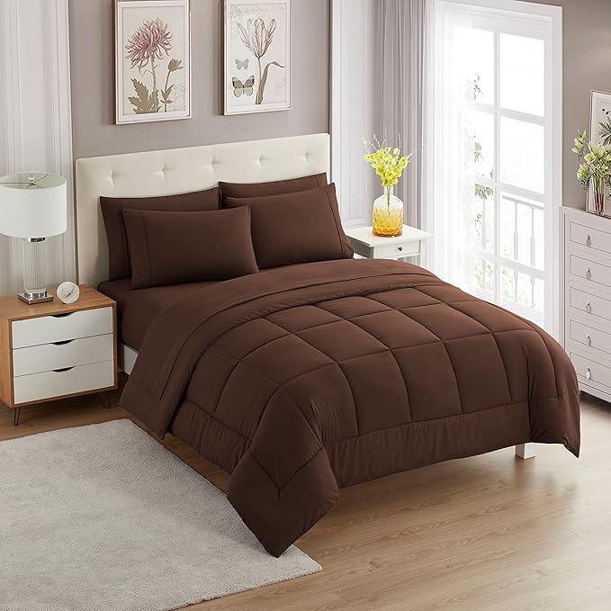 King Size Comforter Set with Sheets - 7-Piece Bedding Collection - 1 Comforter, 1 Fitted Sheet, 1 Flat, 4 Pillowcases - Deep Pocket - Soft & Premium Quality - Ideal for All Seasons, Chocolate Brown