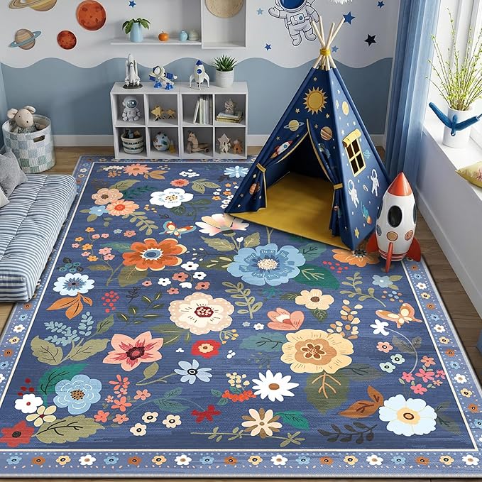 RELEANY Floral Washable 8x10 Area Rugs Blue/Grey | Flower Carpet Print Boho - Image 3