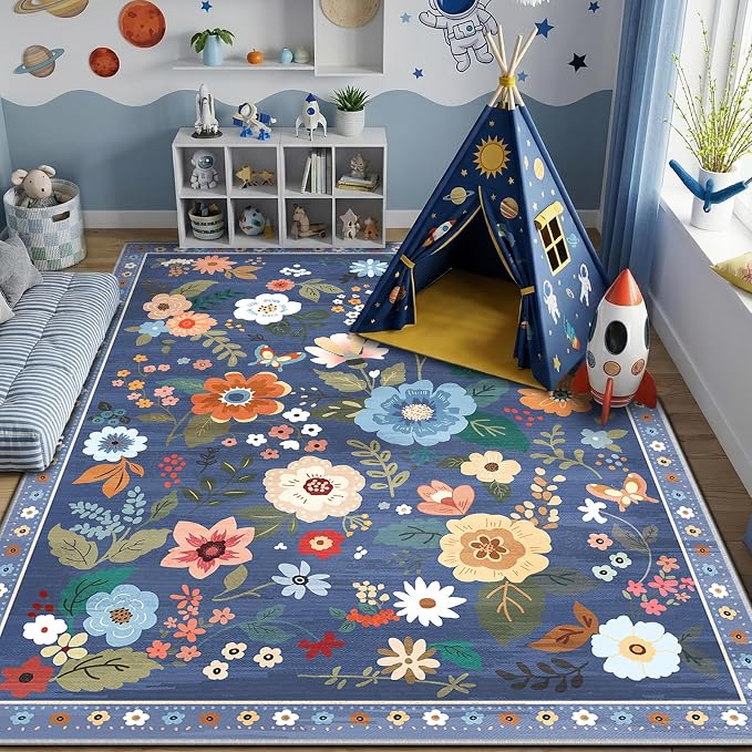 RELEANY Floral Washable 9x12 Area Rugs Blue/Grey | Flower Carpet Print Boho - Image 2