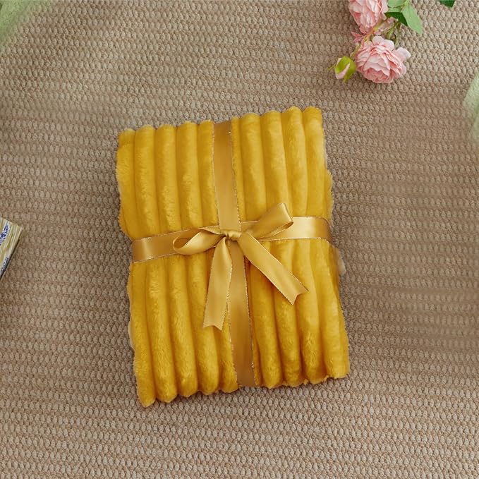 BEDELITE Striped Fleece Throw Blanket, Mustard Yellow, Soft Cozy, Lightweight - Image 7