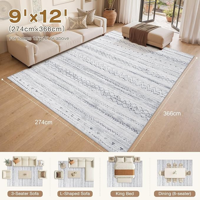 cotiled Boho 9x12 Area Rug for Living Room: Large Moroccan Washable Rug | Stain - Image 9
