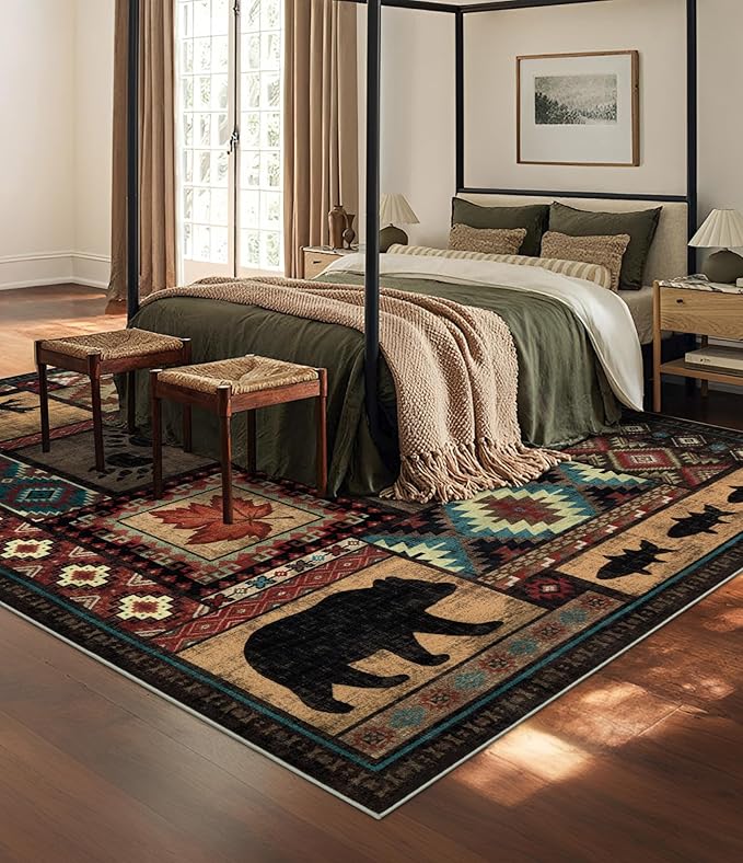 Rustic Cabin Area Rug 8x10, Machine Washable Lodge Bear Rug, Non-Slip Low Pile - Image 3