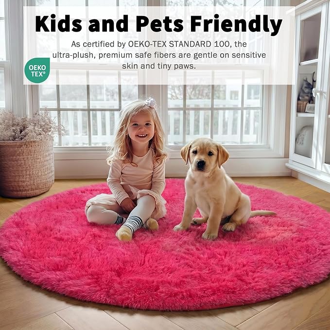 Hot Pink Round Rugs 5ft for Bedroom Living Room, Fluffy Circle Area Rug for - Image 5