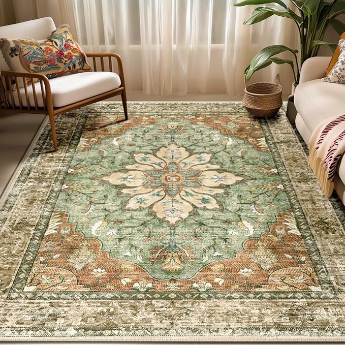RELEANY Washable Area Rug, Brick/Brown/Green | Non-Slip, Water Repellent by RELEANY