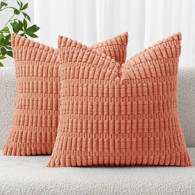 MIULEE Corduroy Decorative Throw Pillow Covers 20x20 Coral Pack of 2 | Soft by MIULEE