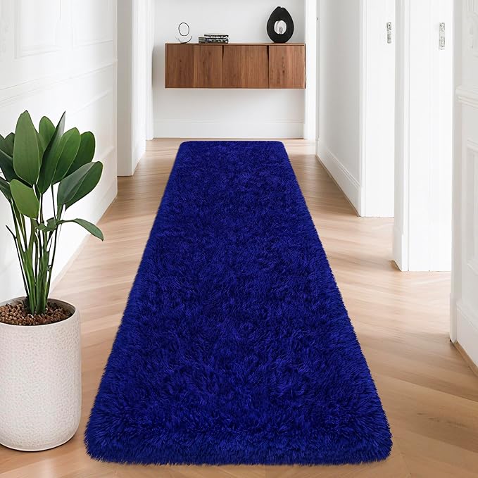 2x8 Bedside Area Rugs for Bedroom Soft Fluffy Shag Navy Blue Rug for Hallway by JiaoBaba